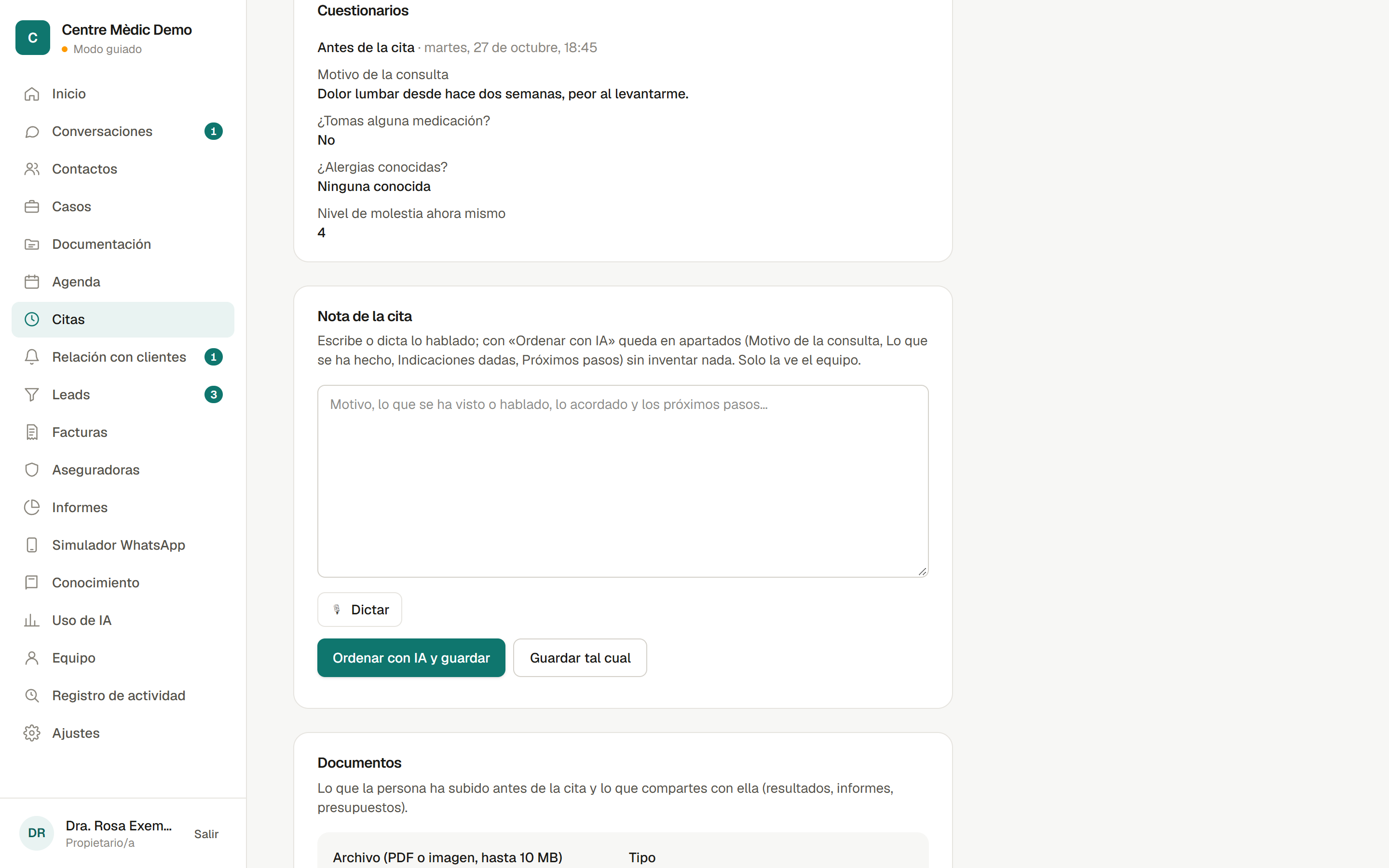 Respuestas del cuestionario previo en la ficha de la cita