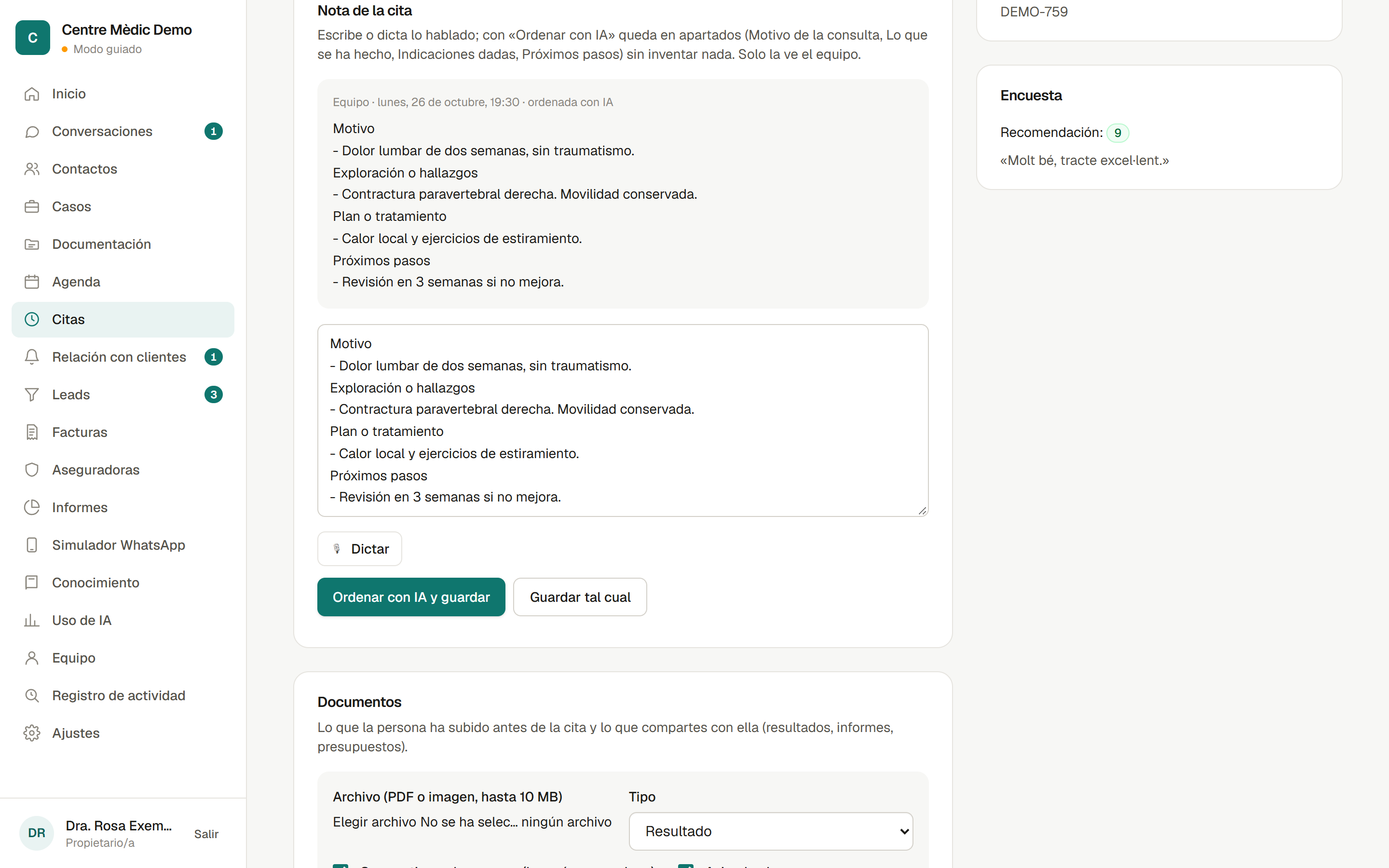 Nota de la cita dictada y ordenada por apartados