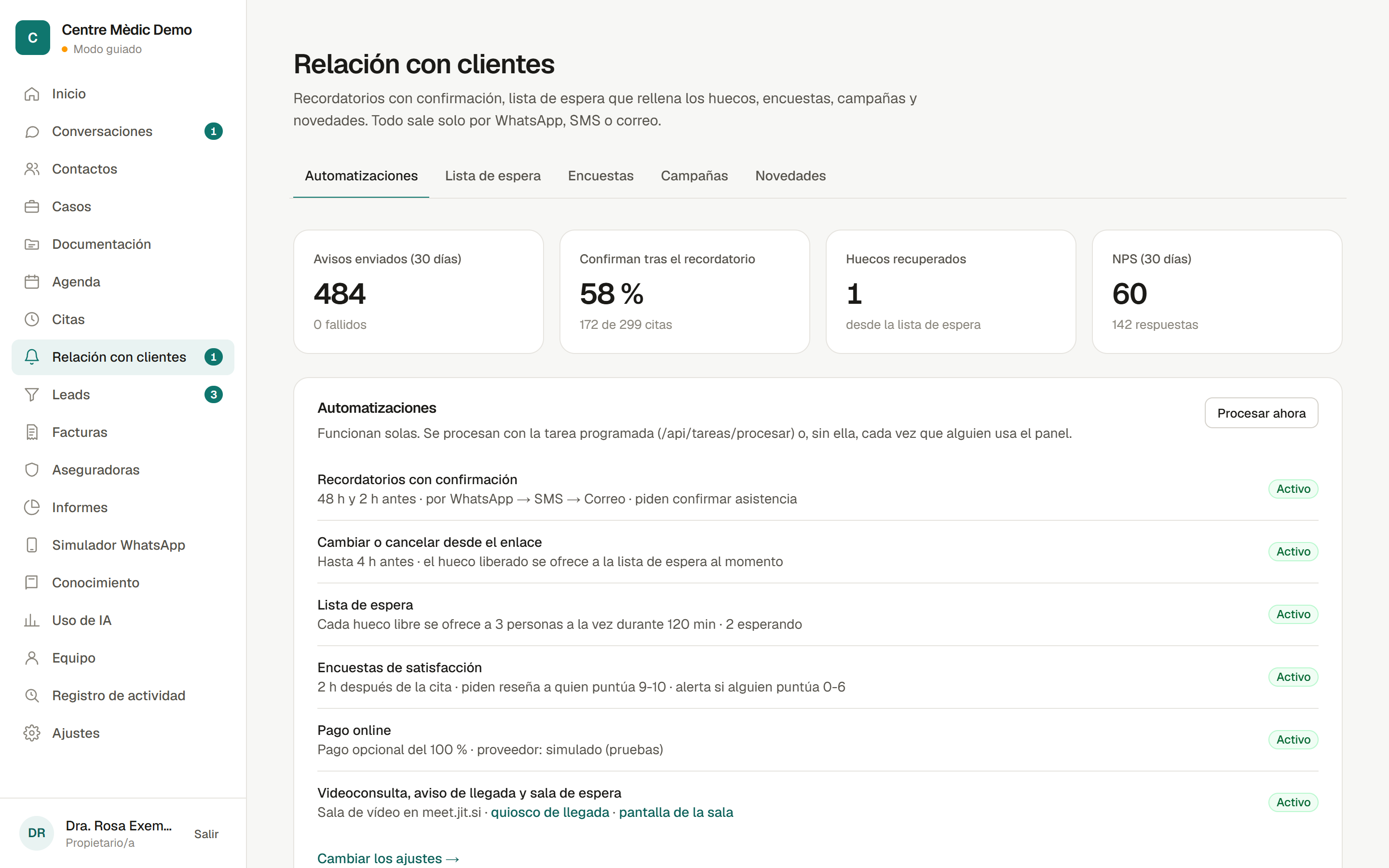 Relación con clientes: recordatorios, lista de espera, encuestas y pagos activos